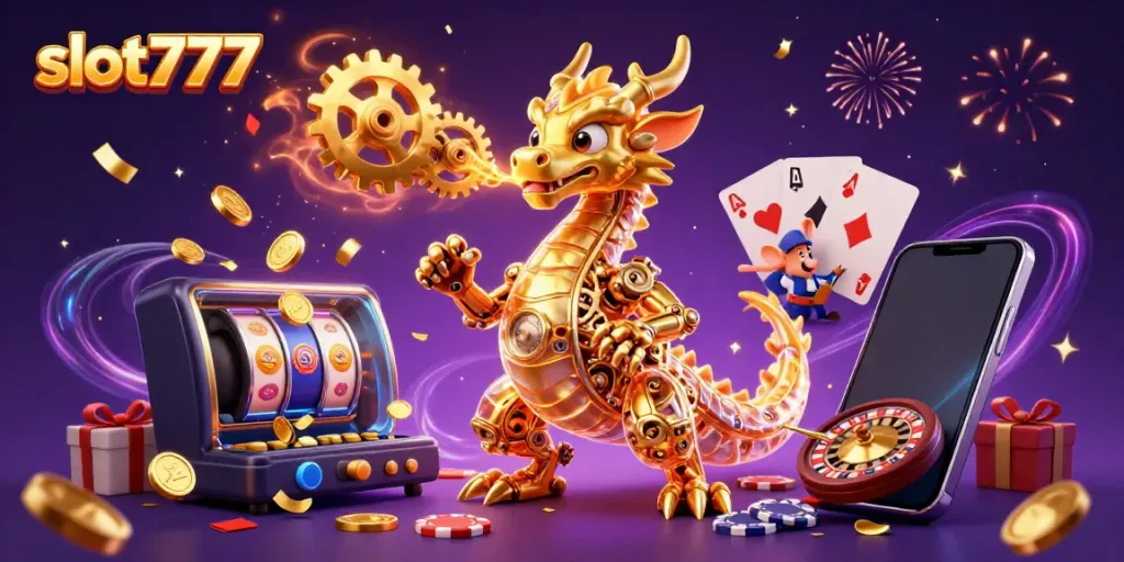 Experience dynamic slot777 gameplay with a dragon and engineer amidst a colorful casino atmosphere.