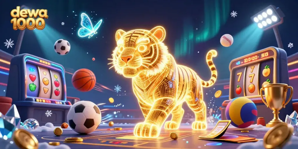 Engage in thrilling gameplay with dewa 1000, featuring a neon-wireframe tiger amidst vibrant casino elements.