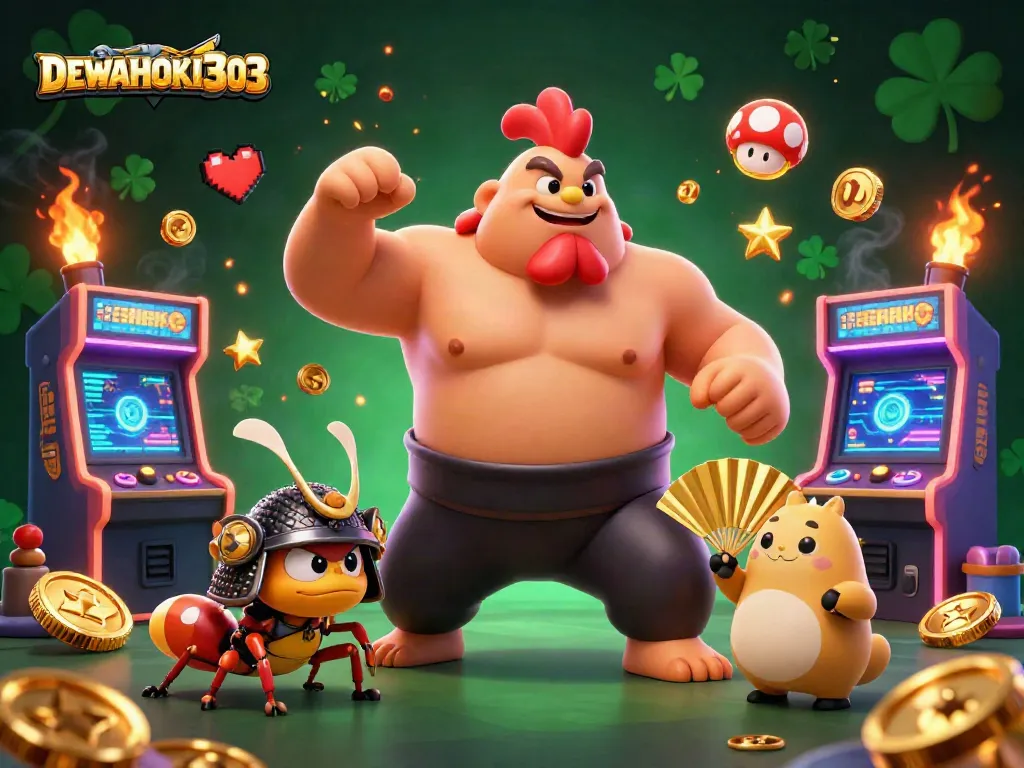 DEWAHOKI303 menampilkan pertarungan menarik, rooster sumo, dan simbol permainan yang glamor.