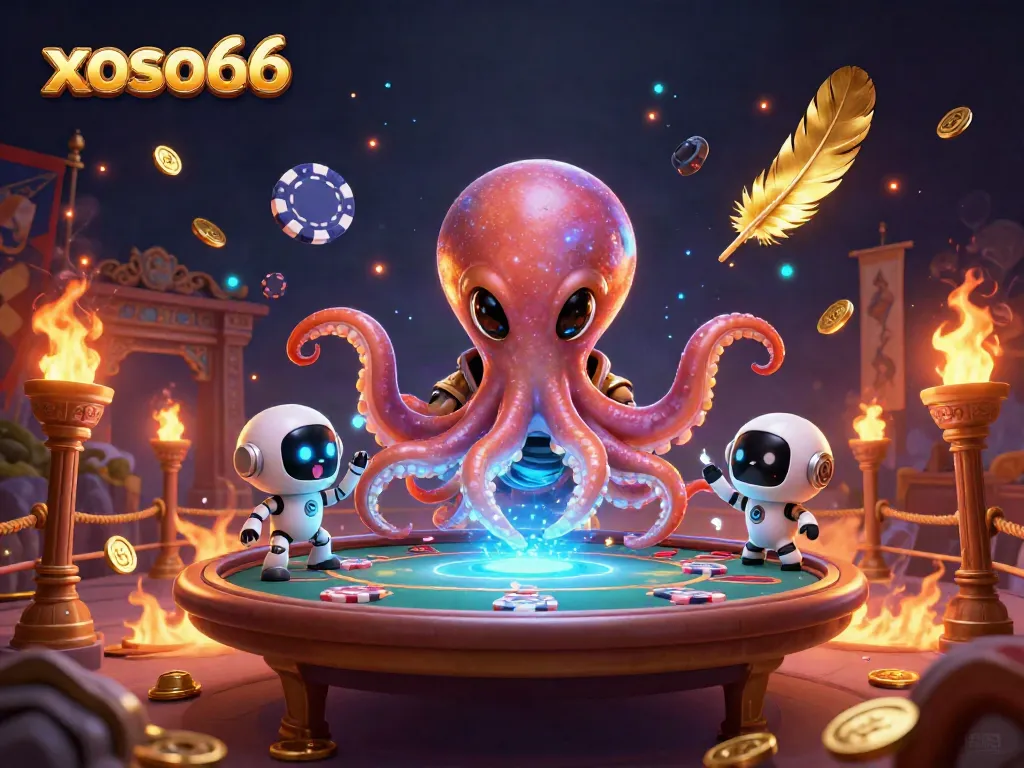 Xoso66's alien octopus dealer presents a dynamic poker table in a vibrant cosmic casino