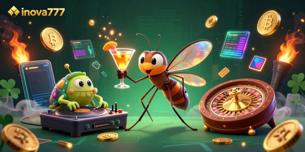 Experience the excitement of inova777 with dynamic casino characters and vibrant crypto elements.