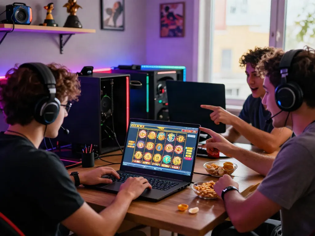 Friends enjoying a slot demo game on a laptop in a vibrant gaming setup.