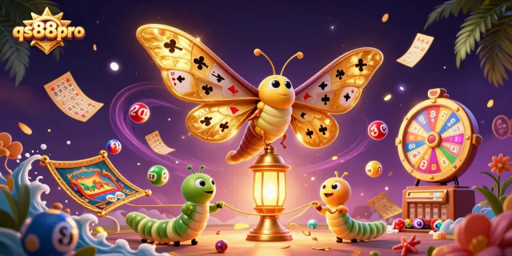 qs88pro engages players with golden moths and dynamic lottery fun in a vibrant casino setting.