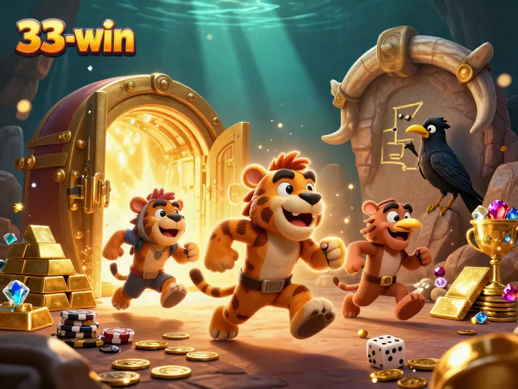 Engage with 33-win's exciting casino world through a vibrant illustration showcasing gameplay elements and characters.