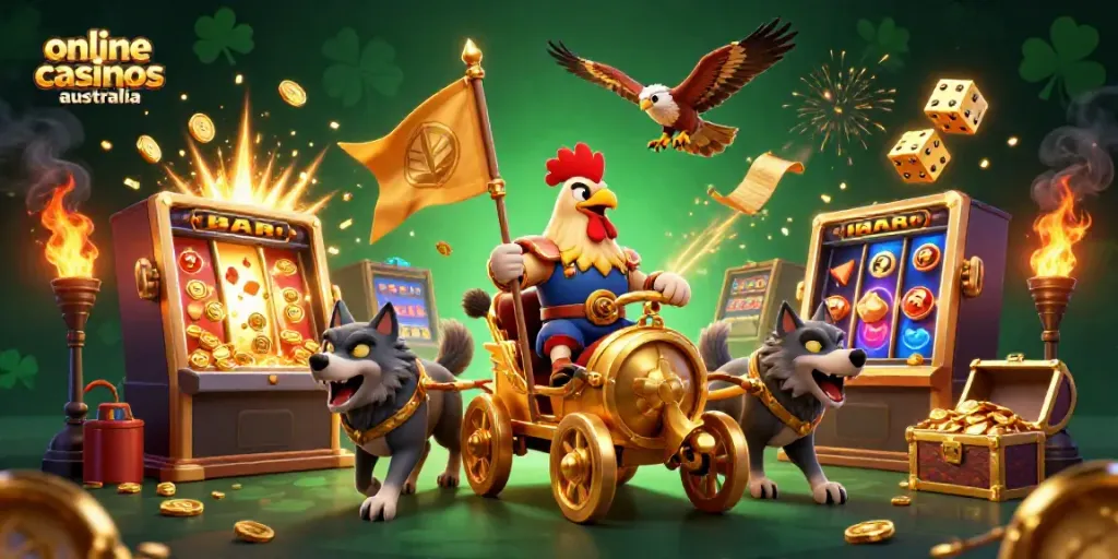 Winning big at online casinos Australia, featuring vibrant casino symbols and energetic characters.