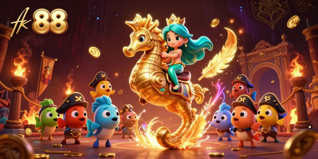 Engage in thrilling adventures at tk 88 with mermaid princess and seahorse amidst vibrant casino elements.