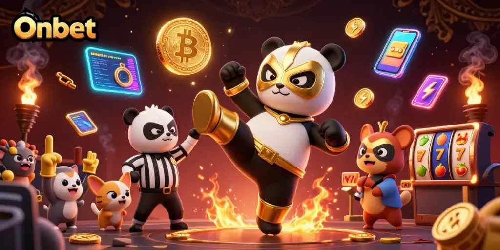Onbet showcases an energetic slot gaming scene with a panda wrestler, shining coins, and wild animal fans