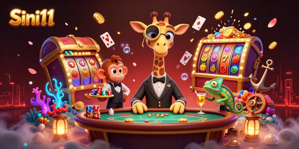 Poker seru dengan karakter Sini11, permainan slot dinamis, dan harta karun emas yang meledak.