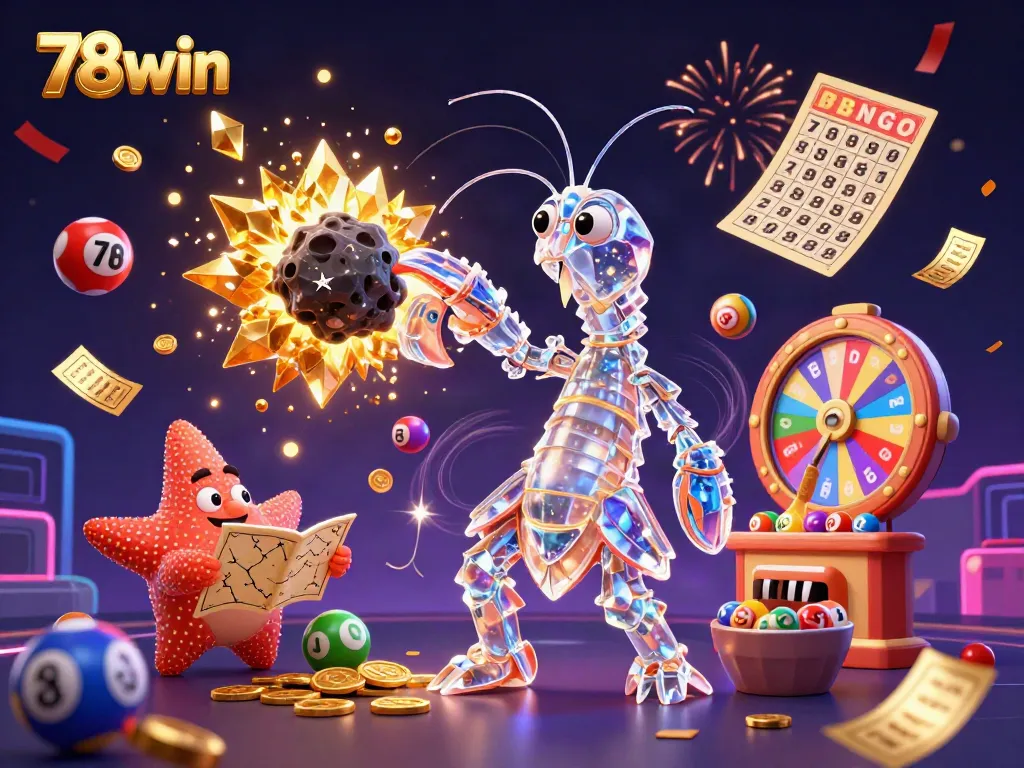 Experience a thrilling casino adventure with 78win as a galactic mantis shrimp battles through golden gems and colorful lottery balls.