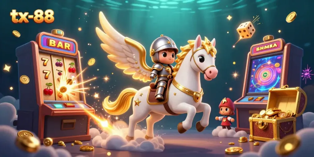 Experience the thrill of tx-88's jackpot with stardust and golden treasures in a vibrant 3D scene.