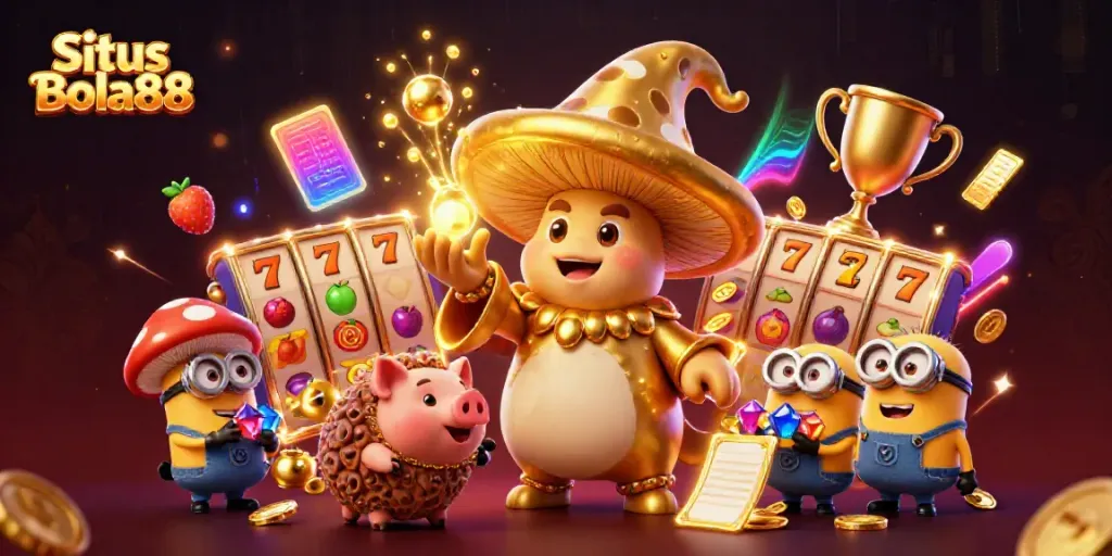 Situs Bola88 showcases a magical casino realm with enchanting characters and dynamic gaming elements.