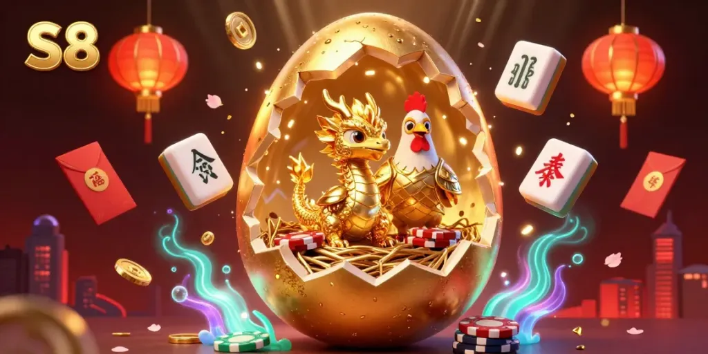 S8 offers thrilling gaming experiences with a golden dragon on poker chips amidst vibrant casino elements.