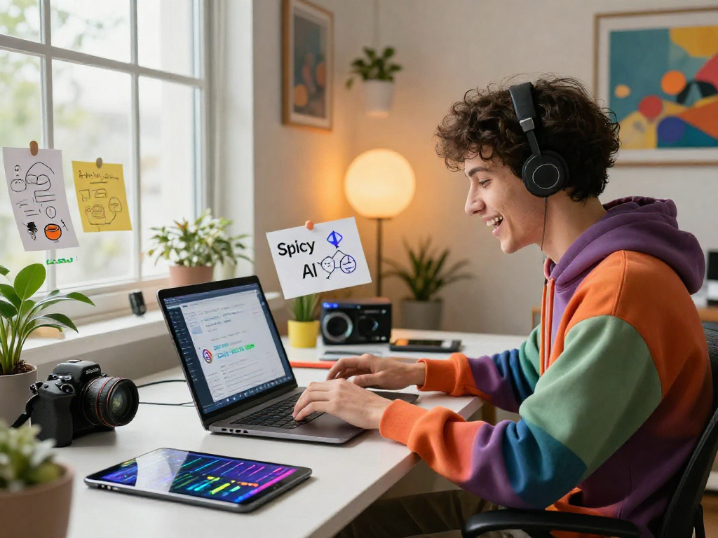 Engaging developer interacting with spicy ai chatbot in a creative workspace, showcasing innovative tech gadgets and vibrant atmosphere.