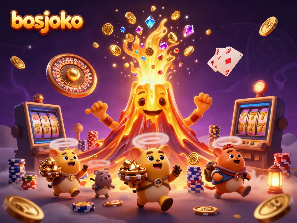 Watch bosjoko's triumphant golden volcano erupting treasures in a thrilling casino scene filled with colorful gems and coins.