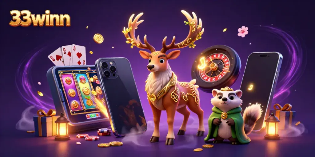 Engage with vibrant 33winn gaming scene featuring druid, badger, and casino elements.