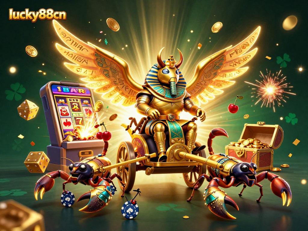 Engage with lucky88cn through a vibrant 3D casino scene filled with dazzling gaming elements and golden treasures.