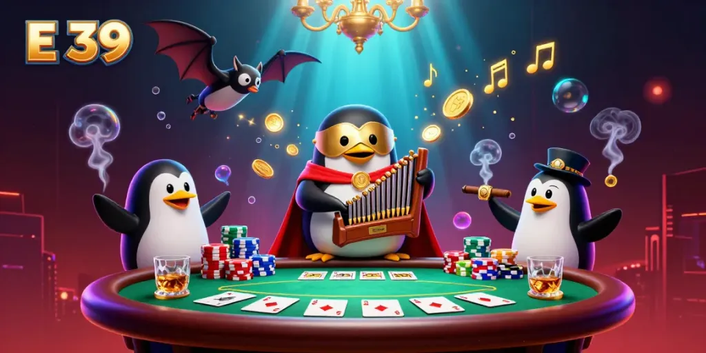 Experience winning moments with E 39, featuring a playful casino scene of coins and cards.