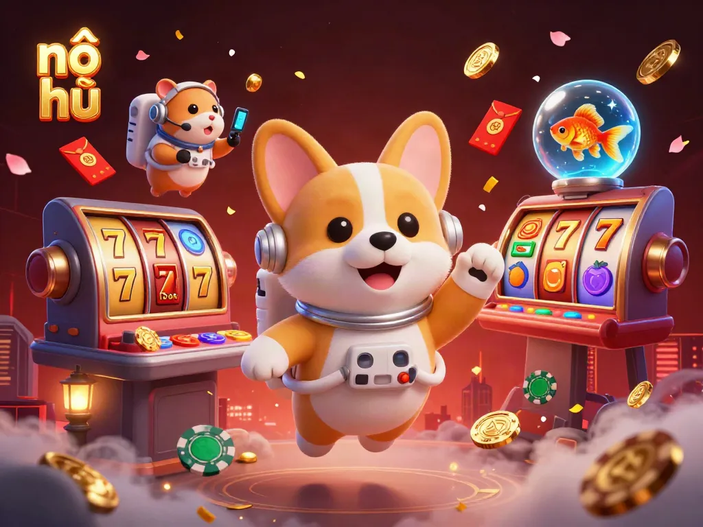 Experience thrilling nổ hũ gameplay with a 3D cartoon scene showcasing a corgi astronaut in a casino atmosphere.