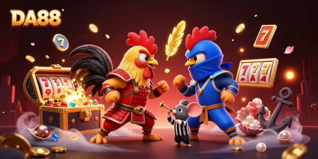 Engage in thrilling DA88 action with dynamic fighting roosters amidst casino elements.