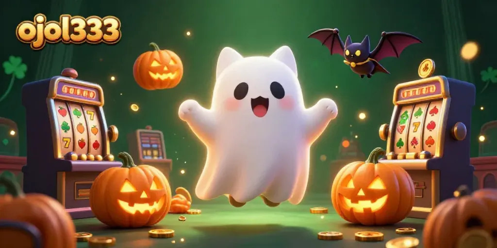 Experience ojol333's ghost cat and vampire bat in a lively casino scene full of slots and glowing elements.