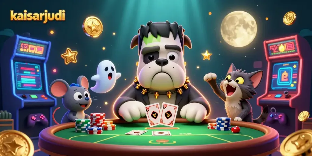 Kaisarjudi offers thrilling poker action with unique 3D cartoon characters at a spooky casino table.