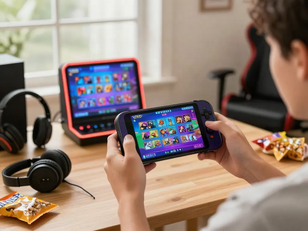 Engaged user playing Yono Arcade on smartphone in cozy gaming setup.