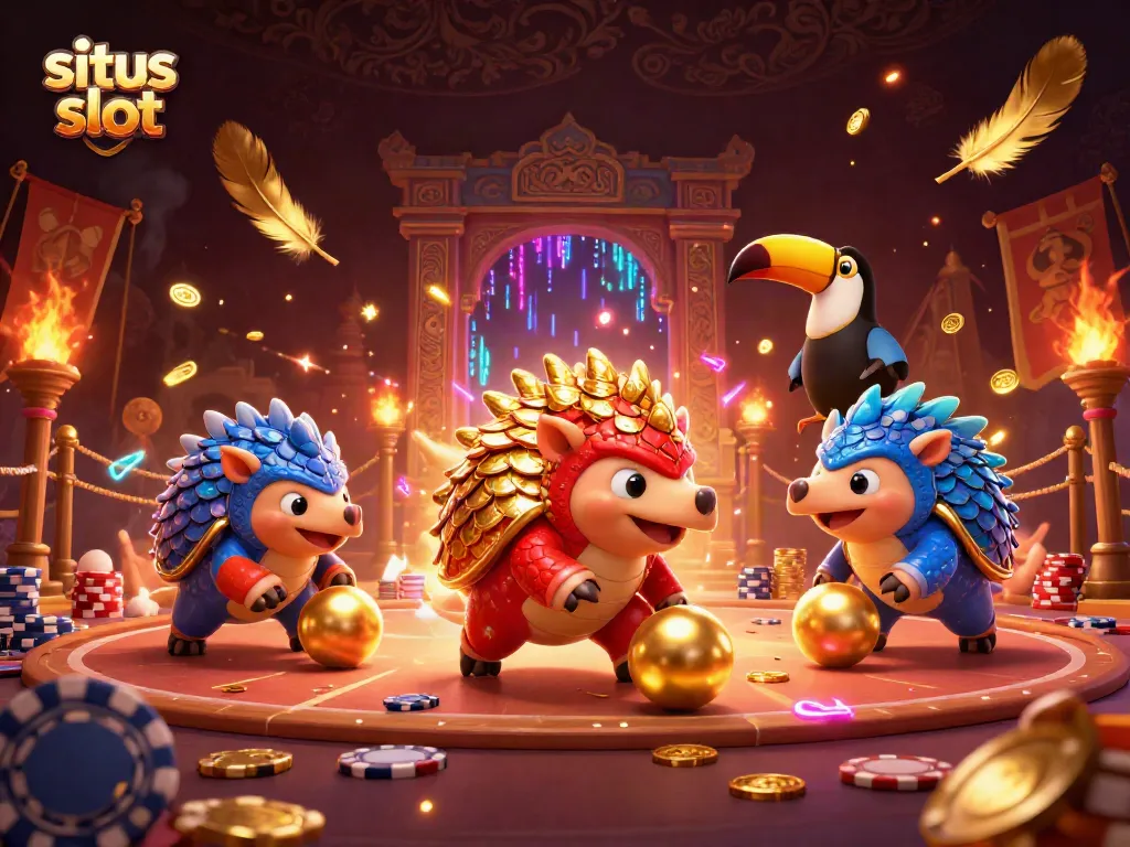Menggulung bola emas dan menggulingkan tumpukan chip poker dalam situs slot