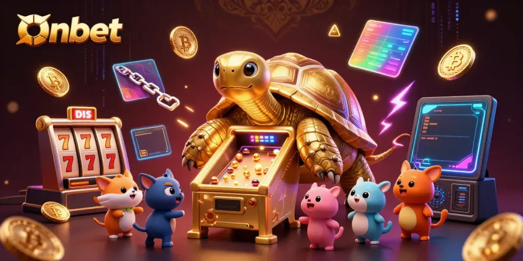 Experience Onbet's gaming excitement with a lively cartoon scene of a golden tortoise pinball machine and vibrant gambling elements