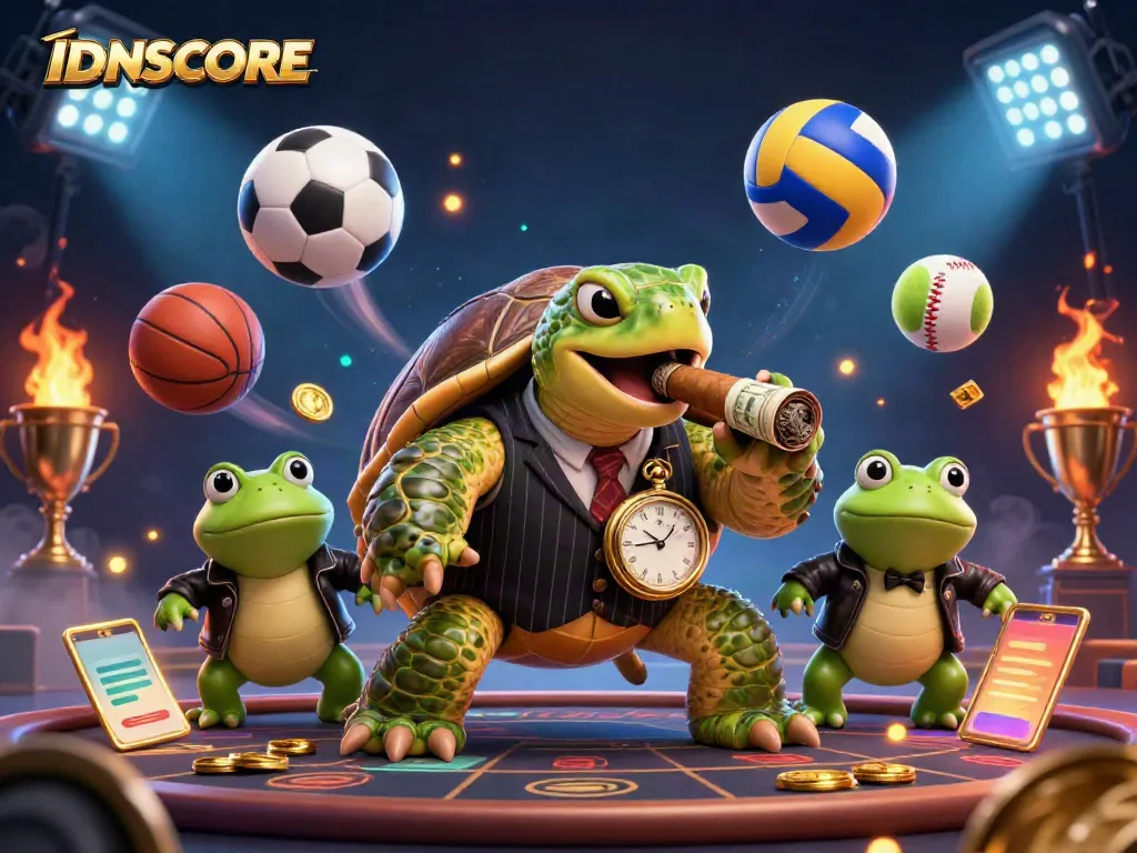 Experience the thrilling action at IDNSCORE with a dynamic scene featuring a cartoon turtle and bullfrog enforcers.