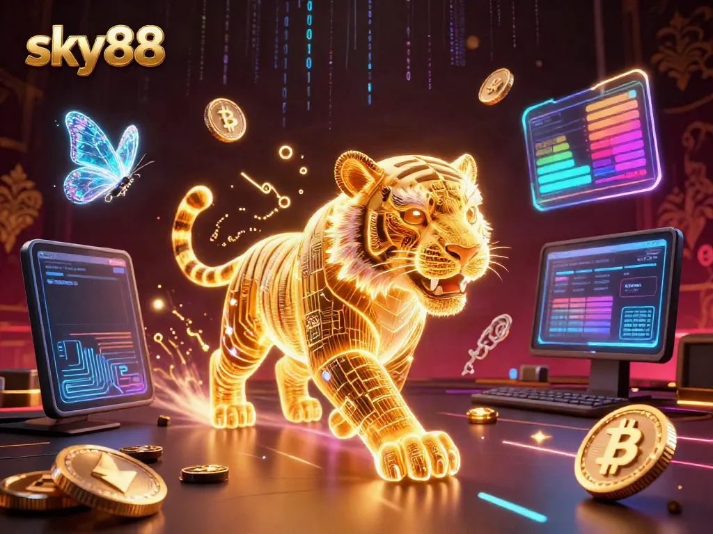 Experience thrilling wins with sky88's dynamic digital casino filled with vibrant elements and holographic interactions.