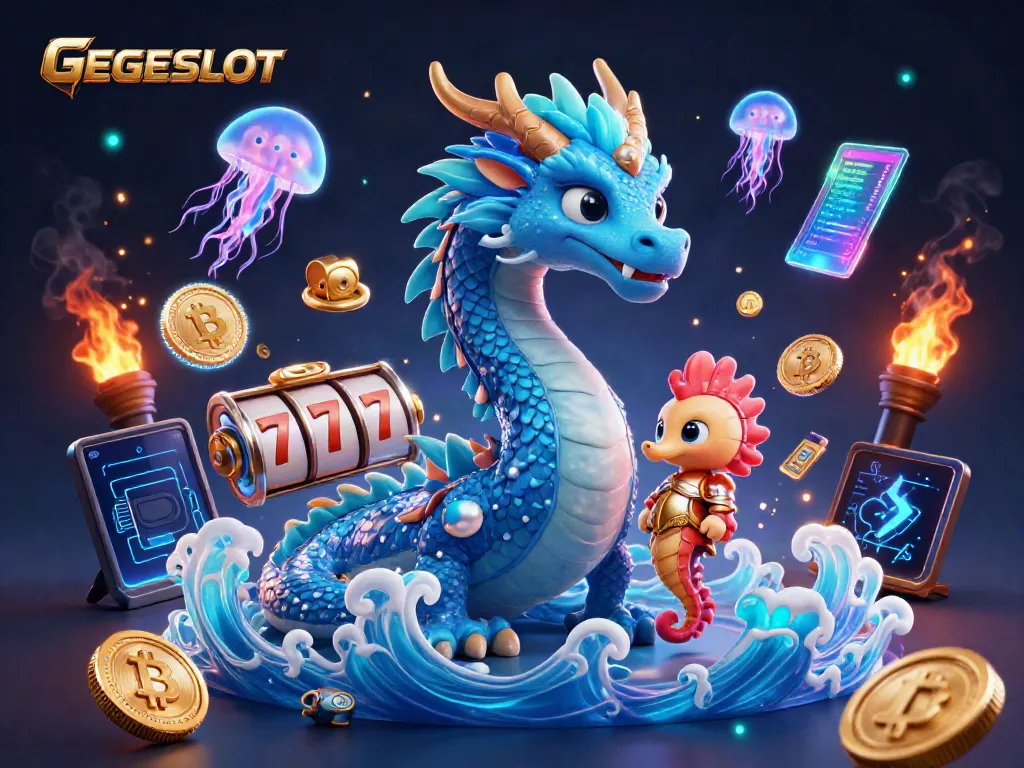 Engage with GEGESLOT's vibrant casino scene featuring a dragon and gaming elements.