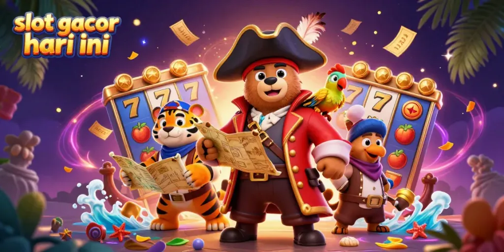 Engage with thrilling slot gacor hari ini visuals featuring a pirate bear and his fierce tiger companion amidst vibrant game elements.