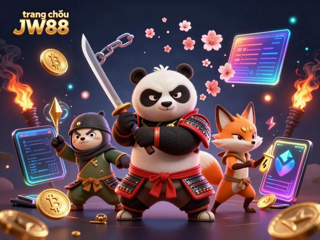 Experience the excitement of trang chủ JW88 with a dynamic 3D illustration featuring gaming elements and anime characters.