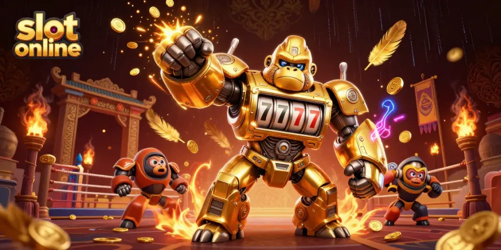 Experience thrilling action with slot online mechanics in this vibrant illustration featuring a golden mech gorilla.