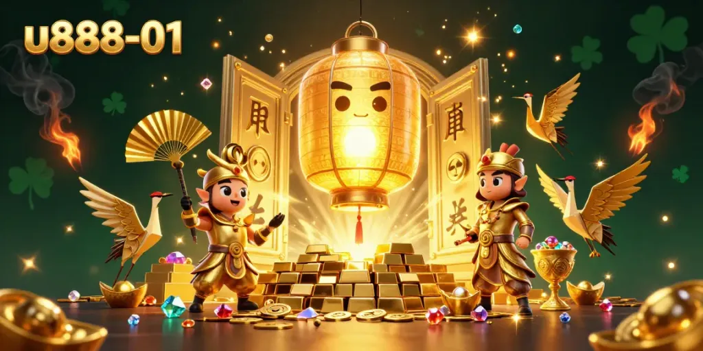 Engage with u888-01's vibrant casino scene featuring lucky symbols and golden treasures.