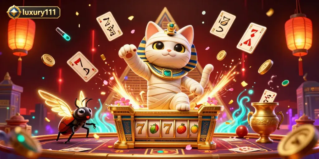 Engage with thrilling gameplay at luxury111 featuring an Egyptian mummy cat and vibrant casino elements.