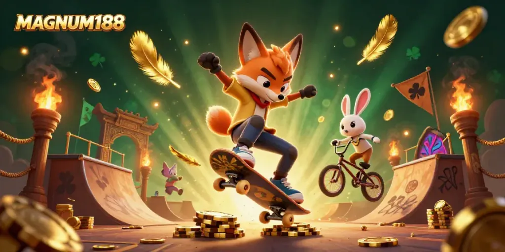 Engage with MAGNUM188 casino thrills through a vibrant 3D artwork featuring dynamic characters and gambling symbols.