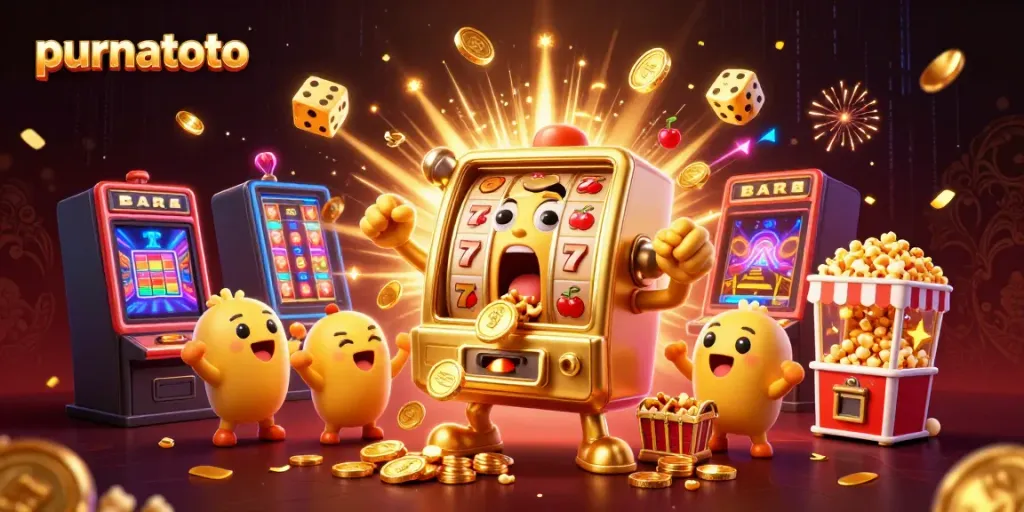 Permainan slot purnatoto dengan mesin slot keemasan meraih jackpot dan koin berhamburan.
