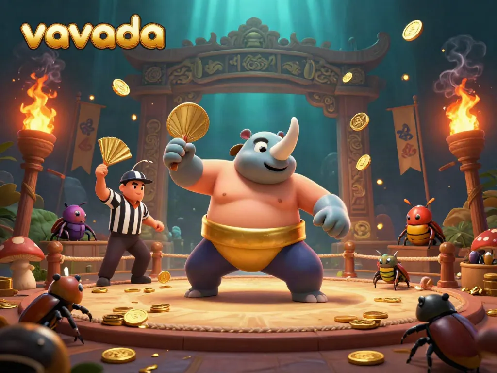 Experience the excitement of vavada with a dynamic illustration of a beetle sumo champion amidst flying coins and thrilling action.