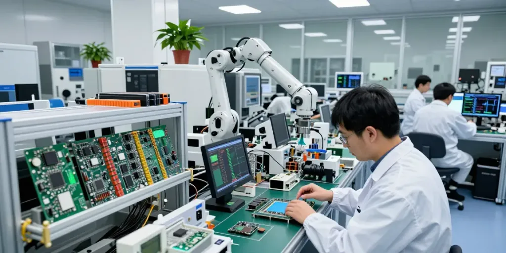 Proses pembuatan semikonduktor di https://www.oe-semiconductor.com/index2.html dengan insinyur bersih memeriksa wafer silikon dan mesin canggih.