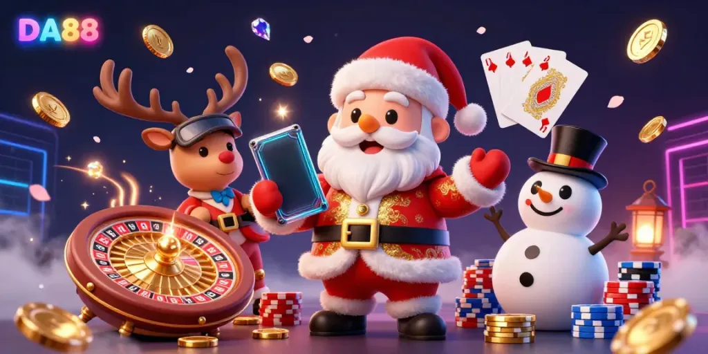 Experience the excitement of DA88 with a whimsical casino scene featuring Santa and friends winning jackpot slots.