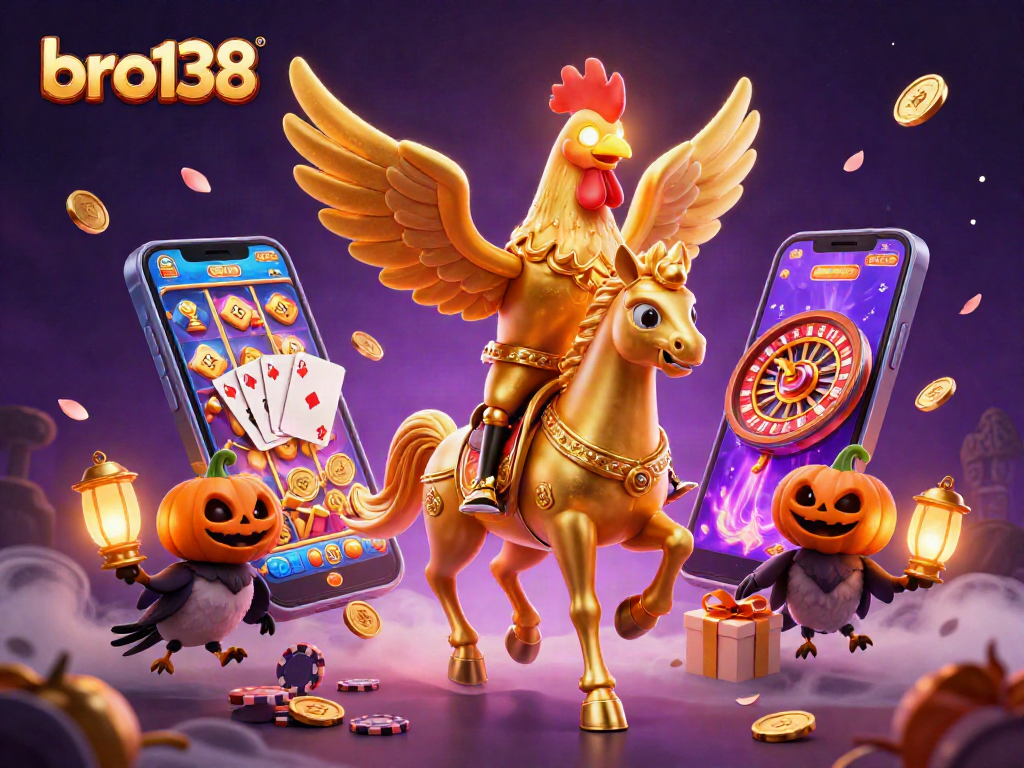 Spin with excitement at bro138, featuring a golden rooster in a vibrant casino scene.