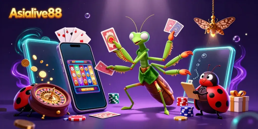 Engage in thrilling games at Asialive88 with a vibrant, dynamic casino scene featuring card dealers and slot games.
