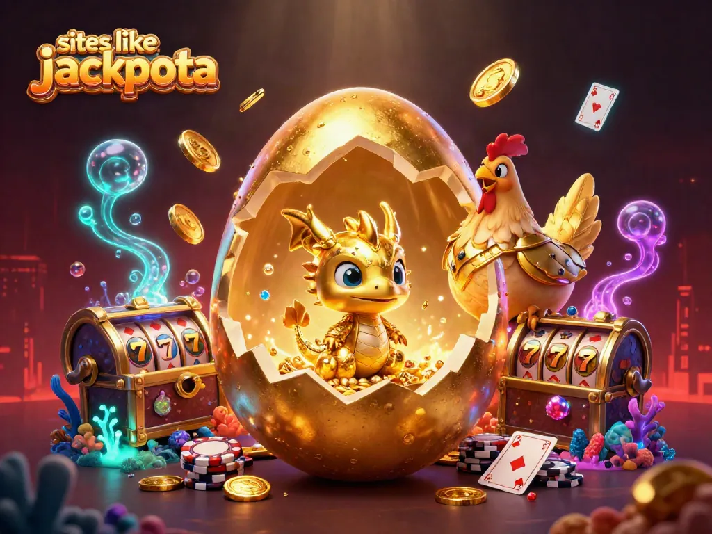 Play and win with sites like Jackpota featuring a golden dragon emerging from a treasure-filled nest.