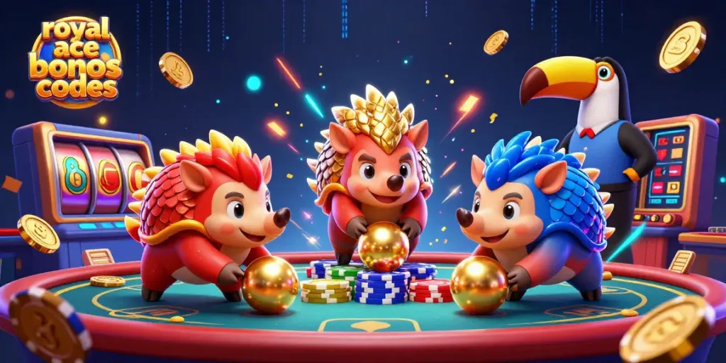 Engage with royal ace bonus codes while competing in a vibrant 3D casino scene featuring pangolins.