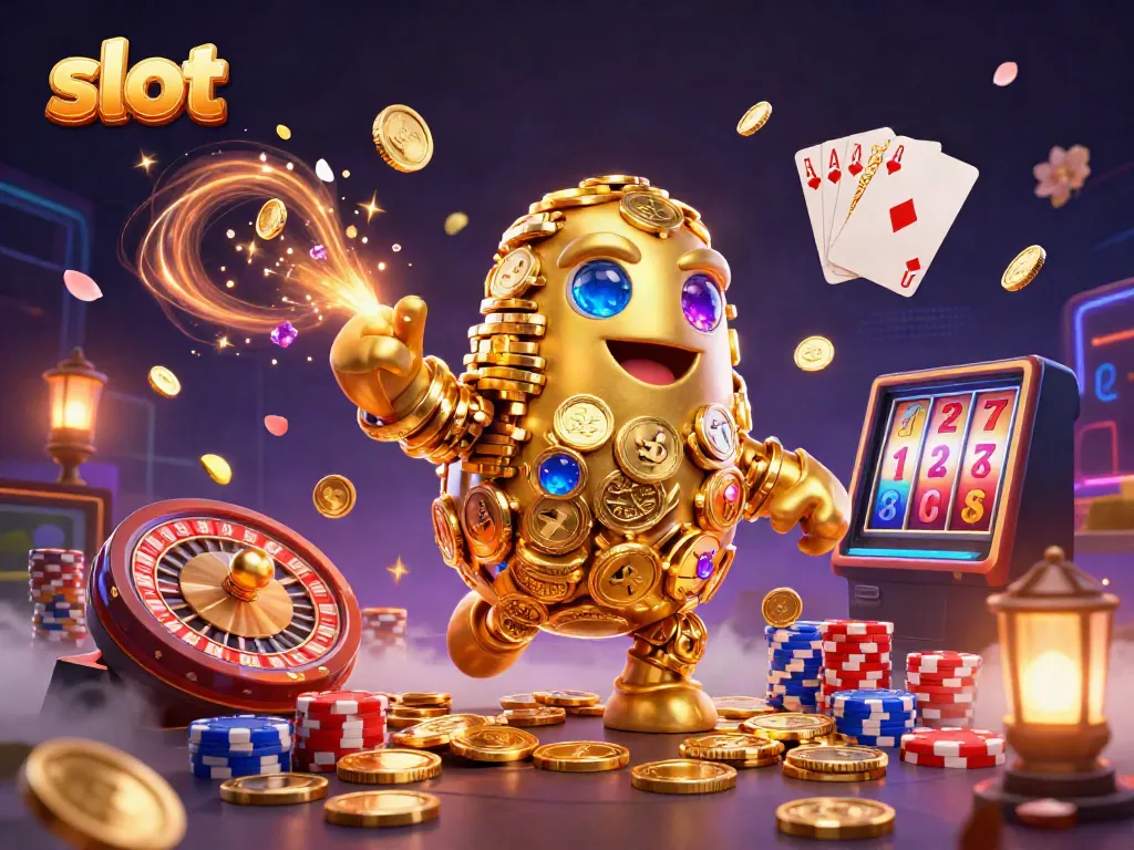 Enchanting slot scene depicting a golden golem surrounded by lively game elements and sparkling coins.