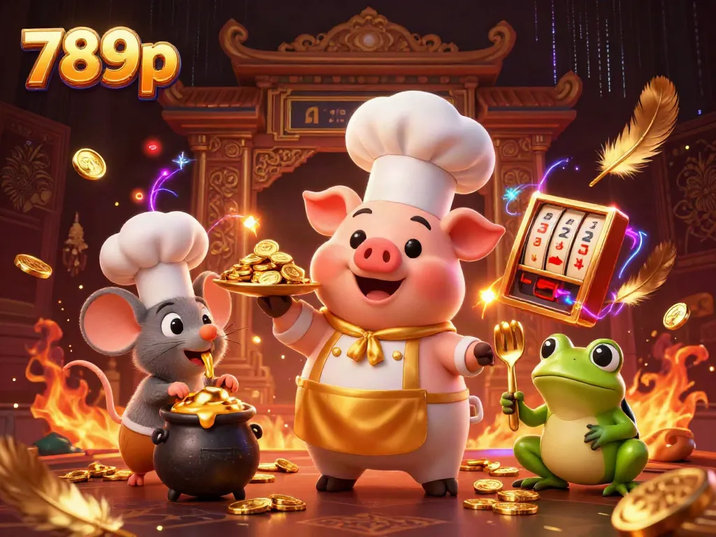 Experience the thrill of winning at 789p with lively characters amidst gold coins and vibrant casino elements.