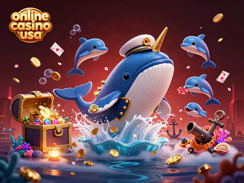 Engage with online casino usa and enjoy a vibrant scene featuring a whale, narwhal, and playful dolphins.