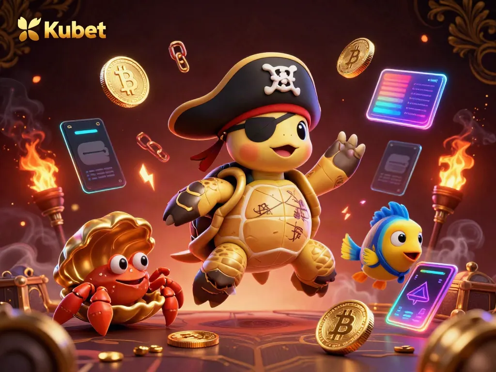 Kubet highlights a pirate turtle and friends amidst a treasure spectacle, showcasing crypto coins.