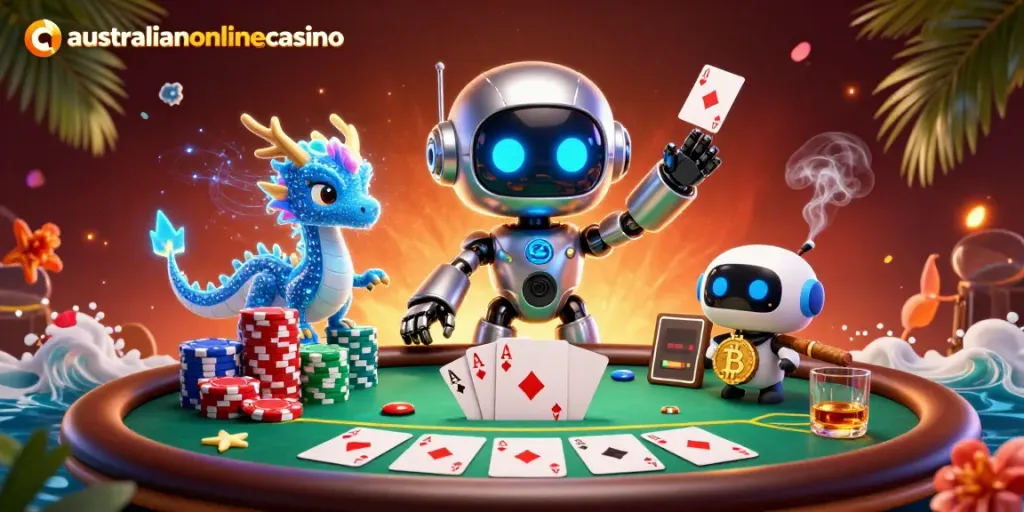 Experience thrilling gameplay at australianonlinecasino with a vibrant 3D casino scene featuring poker elements.